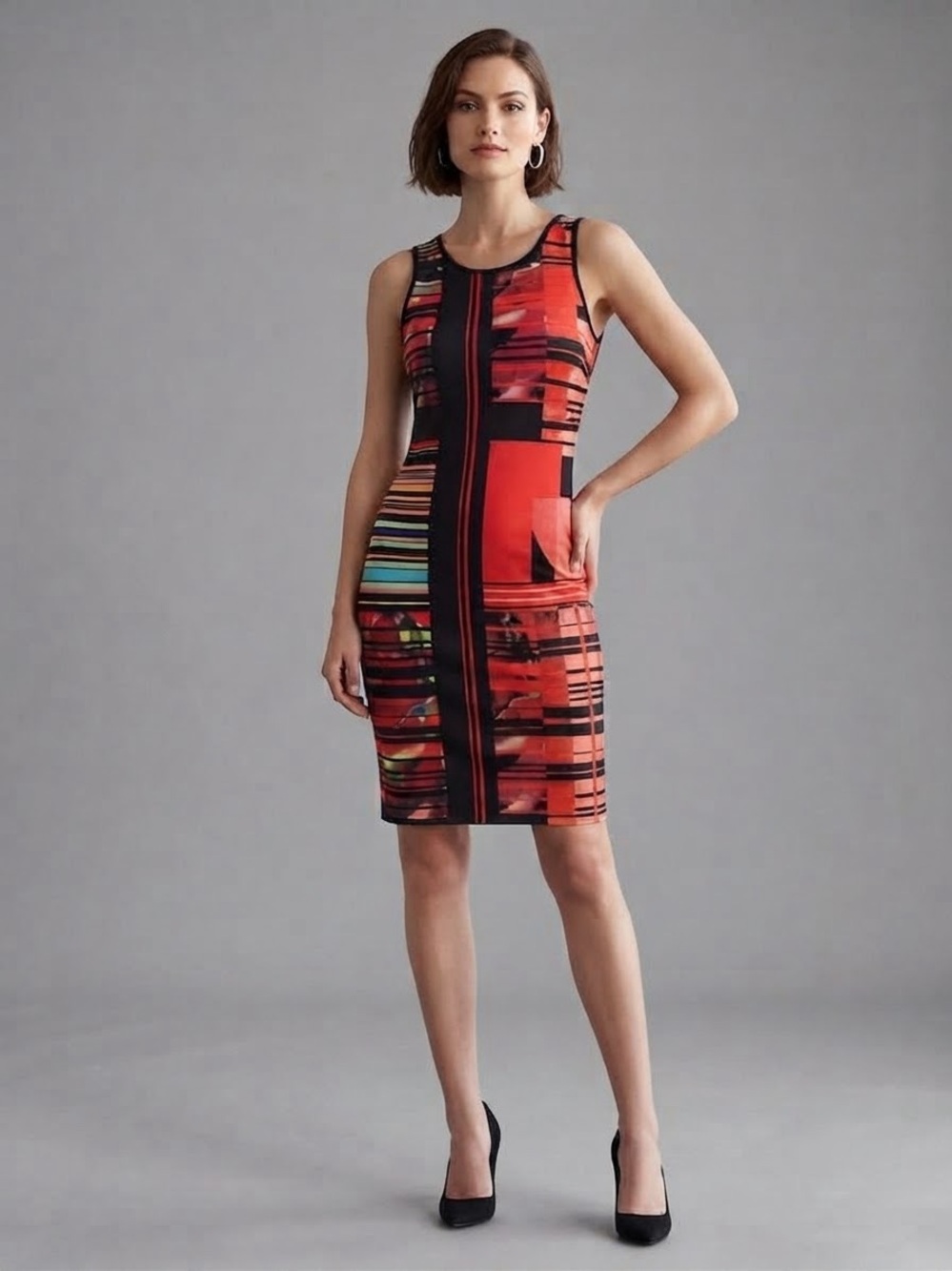 Romeo & Juliet Couture Dress M Red Black Abstract Geometric Bodycon Stretch USA